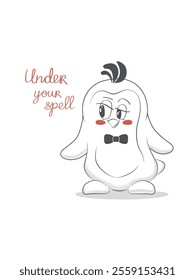 Flat vector character of a charming bird with a bow tie and inscription Under your spell. Valentine's Day card with a bit of humor. Remind your loved ones of your love on a holiday or just like that