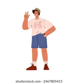 Flat vector character depicting a young man from generation Y (1981-96) in shorts and t-shirt making a V-shape gesture, classic for his era, isolated background.