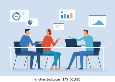 flat vector character design business financial team meeting and working with report graph concept 