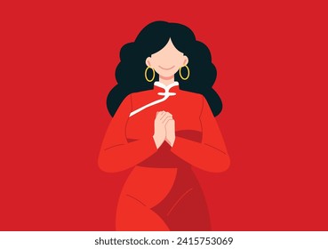 Vector plano, diseño de personajes, ilustración de estilo de dibujos animados, mujer con vestido tradicional chino rojo parada y manos plegadas en posición de oración, concepto de Año Nuevo chino