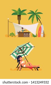 Flat Vector Character Design On Woman In Bikini Relaxing In Chaise Lounge Holding Cocktail With Beach Bar With Bar Tender In The Background