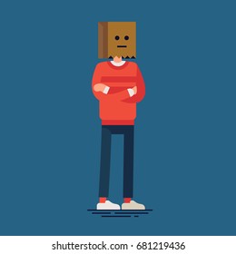 Flat vector character design on random anonymous guy standing arms crossing wearing paper bag hat on his head