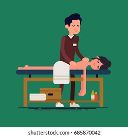 Flat vector character design on massage therapist and client. Woman relaxing on massage table getting treated by male masseur