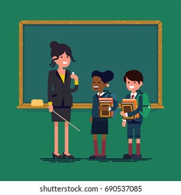 Flat vector character design on teacher woman and students standing together. Female professor and school kids with classroom chalkboard on background