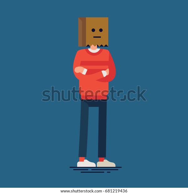 Flat vector\
character design on random anonymous guy standing arms crossing\
wearing paper bag hat on his\
head