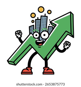 Flat vector character of an energetic upward-trending stock chart, shaped like a green zigzag arrow with eyes, arms, legs, and economic symbols on back. Clean design with thick outlines.