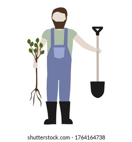 Flat vector character gardener with a plant and a shovel. Profession gardener. Isolate on a white background.