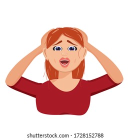 Flat vector character illustration. Tired woman, sleepy mood, weak health, mental exhausted, vector flat illustration. Woman is experiencing fear, horror, depression, sadness, stress.