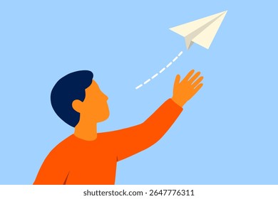 Flat vector of a character launching a paper plane into the sky-symbolizing creativity, freedom, and dreaming beyond boundaries in a playful, minimalist style