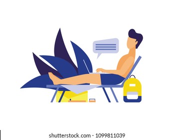 Flat vector character of a man lying on a lounger with laptop. Freelancer working while relaxing on a beach. 