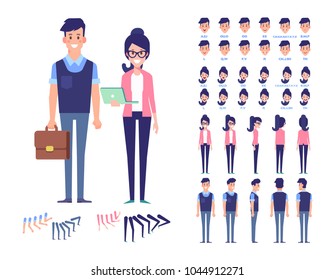 	
Flat Vector character set for animation. Business people - man and woman. Front, side, back view animated characters. 