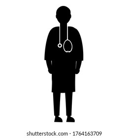 Flat vector character silhouette of a doctor with a stethoscope. The profession of a doctor. Isolate on a white background.