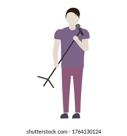 Flat vector character singer with a microphone in his hands. Profession singer. Isolate on a white background.