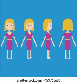 flat vector character woman all sides cartoon animation al around
