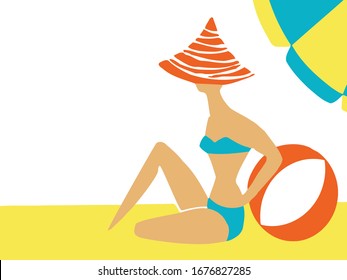 Flat vector character of a woman dressed in blue swimwear and red hat, who rests on a ball under a sun umbrella on the beach