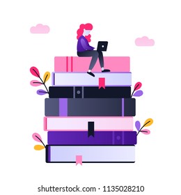 Flat vector character working with laptop. Modern ultraviolet gradient illustration of distance learning, online courses, education, online books, exam preparation, e-learning.