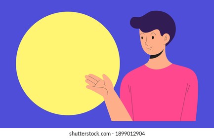 Carácter vectorial plano del hombre joven parado con círculo amarillo en blanco para los textos. Ilustración para banner, anuncio, publicidad, marketing, sitio web, promoción, presentación. Espacio vacío.