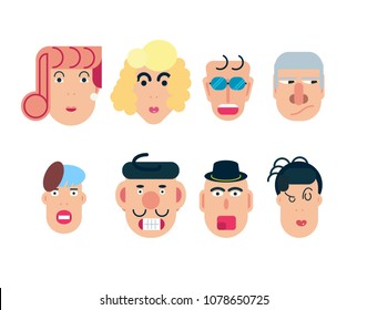 Flat vector characters. Vector avatars with eyes. Smiling happy people. Happy emotions. Vector portraits.