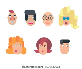 Flat vector characters. Vector avatars with eyes. Smiling happy people. Happy emotions. Vector portraits.