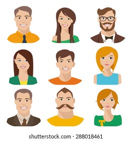 Flat vector characters. Vector avatars with eyes. Smiling happy people. Happy emotions. Vector portraits. 