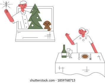 flat vector characters celebrating new year and Christmas online