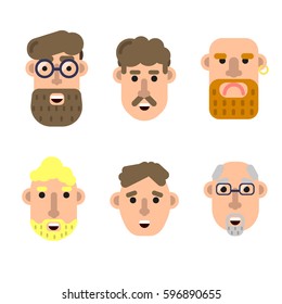 Flat vector characters. Vector flat male heads set. People characters, different smiled and angry faces, stylish hairs isolated on white flat vector illustration