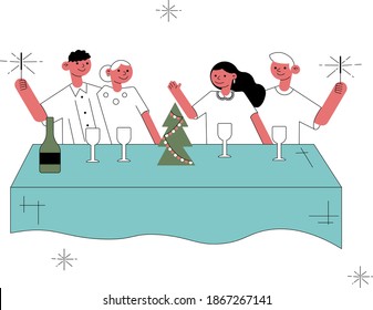 Flat vector characters people celebrating new year and Christmas at a table with champagne and a Christmas tree