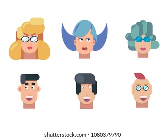 Flat vector characters portrait set. Vector avatars. Smiling happy people. Happy emotions. Vector portraits.