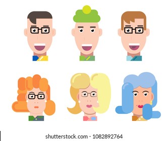 Flat vector characters portrait set. Vector avatars. Smiling happy people. Happy emotions. Vector portraits.