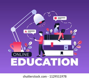 Flat vector characters working with laptop and smartphone. Modern ultra violet gradient illustration of distance learning, online courses, education, online books, exam preparation, e-learning.