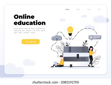 Flat vector characters working with laptop and smartphone. Modern grey and yellow gradient illustration of distance learning, online courses, education, online books, exam preparation, e-learning.