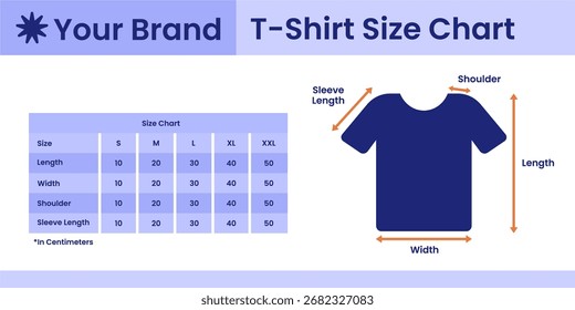 Gráfico de vetor plano mostrando tamanhos de t-shirt unissex com medidas rotuladas, guia de vestuário para varejo, design de roupas, indústria da moda e uso de produção de vestuário.