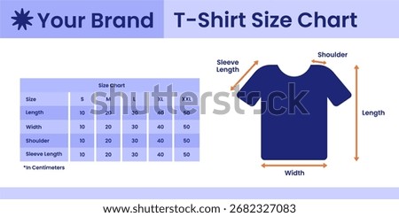 Flat vector chart showing unisex t-shirt sizes with labeled measurements, apparel guide for retail, clothing design, fashion industry, and garment production use.