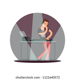 Flat vector cheerful DJ in light of soffits cartoon character illustration