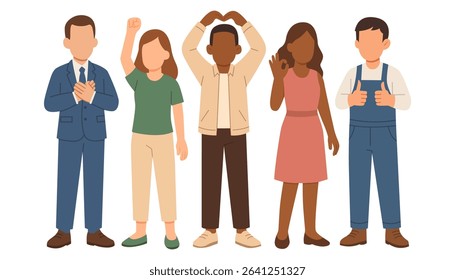 Flat vector cheerful group portrait of happy, positive people men and women standing together. Peace signs, ok gesture, love, heart, support, solidarity. Team celebrates teamwork and shared success.