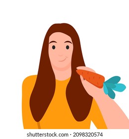 Flat vector cheerful woman lady character health care diet concept illustration carrot isolated on white icon vegetable fresh healthy food organic eating tasty