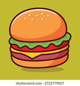 Ilustração de Cheeseburger Vetorial Plano com Alface, Tomate e Queijo no Sesame Bun