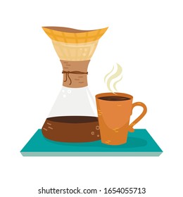 Flaches Chemex mit einer Tasse Kaffee für die Vektorillustration. Alternative Methoden des Kaffeehandels. Kaffeekultur.