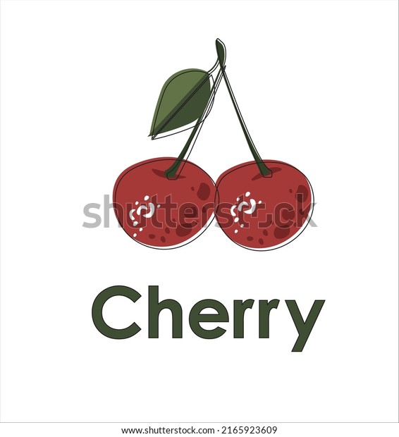 Flat  vector cherry with  thin black line on\
white background
