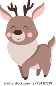 Vector plano ilustración de niños de un lindo ciervo de pie en un estilo de dibujos animados. Perfecto para productos infantiles, pegatinas, estampados de guarderías, tarjetas de felicitación y diseños con temas de naturaleza.