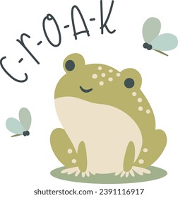 Flat vector children's illustration. Cute frog and dragonflies. Croak lettering