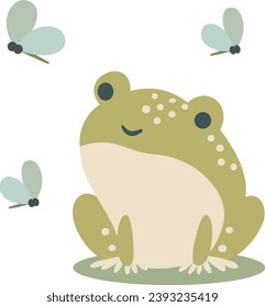 Flat vector children's illustration. Cute frog and dragonflies.