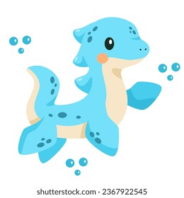 Flat vector children's illustration on white background. Cute blue aquatic dinosaur with flippers 