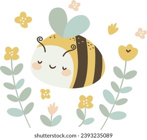 Flache Vektorgrafik von Kindern. Drucken für den Druck auf Kinderprodukte. Laute Biene mit Blumen
