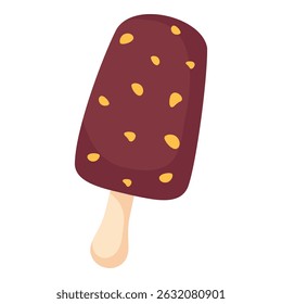 Flat vector chocolate ice cream bar with nuts isolated on white background. Cartoon summer dessert design for packaging, menu, poster, or web