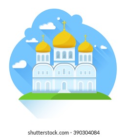 Flat vector Christian church building with clouds, sky. Eps10 format