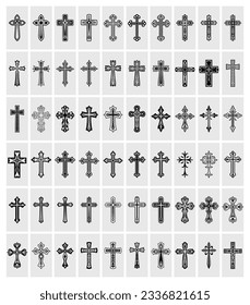 Flaches Vektor-Christian-Kreuz-Symbol. Line Silhouette schneiden Sie Schwarze Christian Crosses Kollektion isoliert.