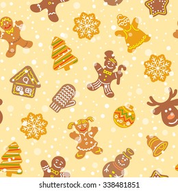 Flat vector Christmas background seamless pattern with different cookies. Gingerbread men, deer, snowflake, bell and other winter holidays symbols. Traditional festive wallpaper, wrapping paper design