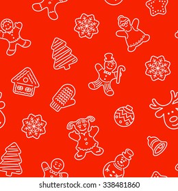 Flat vector Christmas background seamless pattern with different cookies. Gingerbread men, deer, snowflake, bell and other winter holidays symbols. Traditional festive wallpaper, wrapping paper design