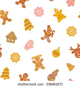 Flat vector Christmas background seamless pattern with different cookies. Gingerbread men, deer, snowflake, bell and other winter holidays symbols. Traditional festive wallpaper, wrapping paper design